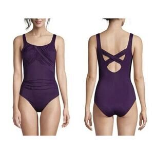 Lands End Purple One Piece size 18 Lyrica swimsuit Purple Ruched Tummy Control